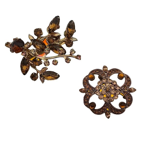 VTG Brooch 2PC Gold Tone Floral Root Beer Antique Style  Art Deco WhimsyGoth Pin - Picture 1 of 16